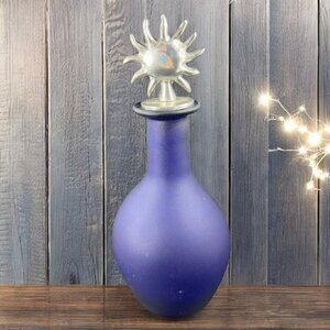 Hand Blown Cobalt Blue Satin Glass Decanter Bottle Container Metal Sun Stopper